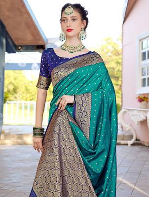 Turquoise turquoise blue & gold-toned ethnic motifs woven design zari banarasi saree 4