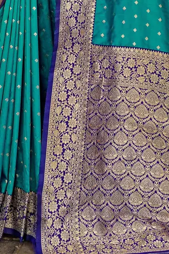 Turquoise turquoise blue & gold-toned ethnic motifs woven design zari banarasi saree