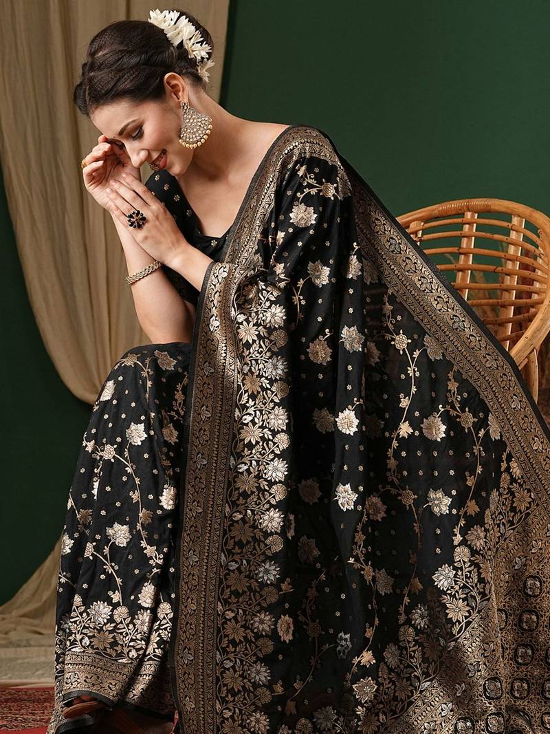Black ethnic motifs zari  georgette kanjeevaram saree