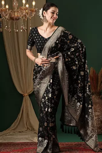 Black ethnic motifs zari  georgette kanjeevaram saree