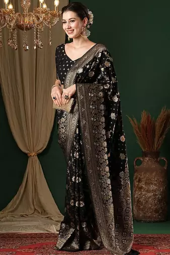 Black ethnic motifs zari  georgette kanjeevaram saree