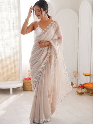 Beige embellished sequinned  chiffon heavy work saree 2