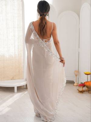 Beige embellished sequinned  chiffon heavy work saree 3