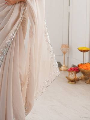 Beige embellished sequinned  chiffon heavy work saree 4