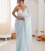 Blue embellished sequinned  chiffon heavy work saree