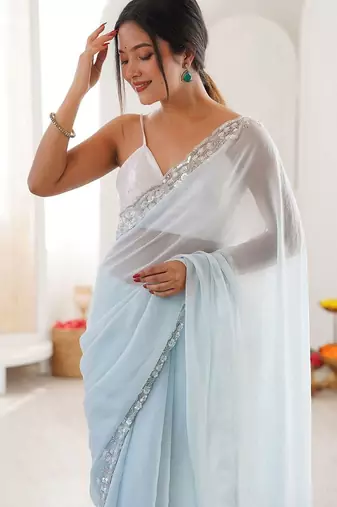 Blue embellished sequinned  chiffon heavy work saree