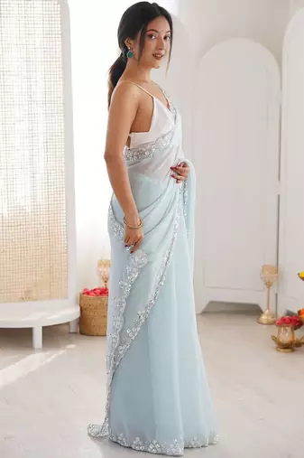 Blue embellished sequinned  chiffon heavy work saree