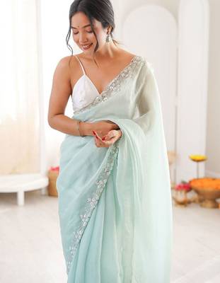 Sea green embellished sequinned  chiffon saree 1