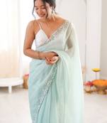 Sea green embellished sequinned  chiffon saree