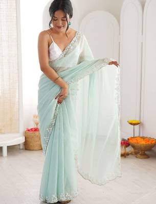 Sea green embellished sequinned  chiffon saree 3