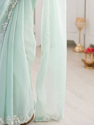 Sea green embellished sequinned  chiffon saree 4