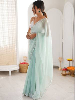 Sea green embellished sequinned  chiffon saree 5