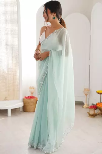Sea green embellished sequinned  chiffon saree