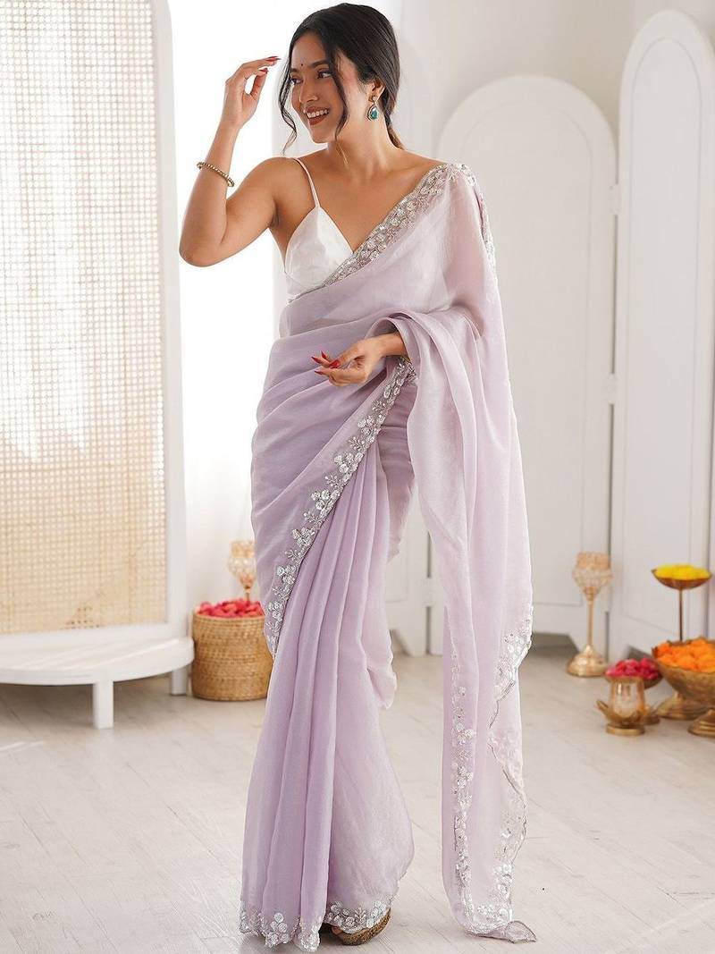 Lavender embellished sequinned  chiffon saree