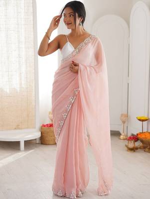 Peach embellished sequinned  chiffon saree 1