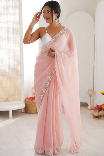 Peach embellished sequinned  chiffon saree
