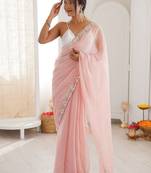Peach embellished sequinned  chiffon saree