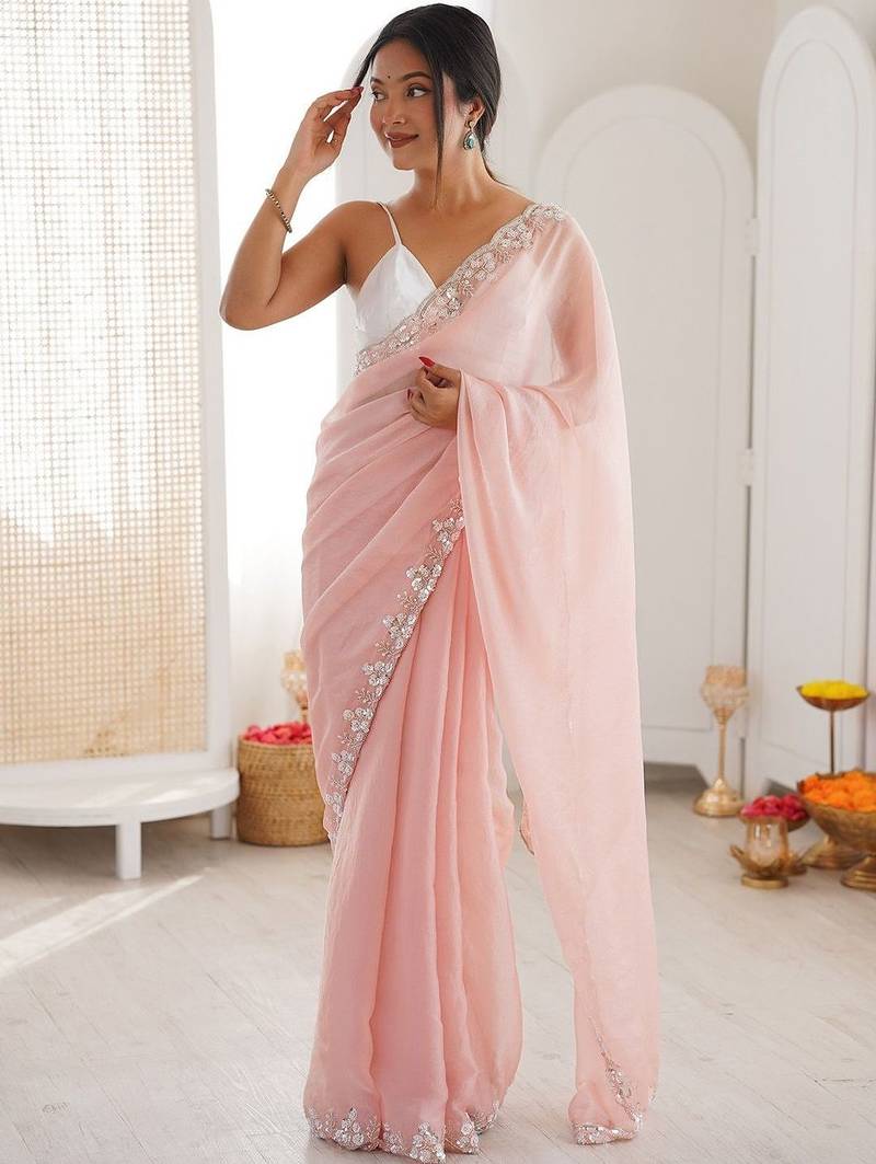 Peach embellished sequinned  chiffon saree
