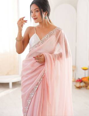 Peach embellished sequinned  chiffon saree 2