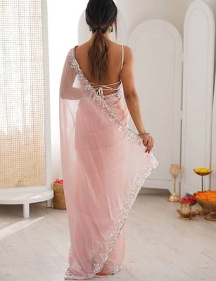 Peach embellished sequinned  chiffon saree 3
