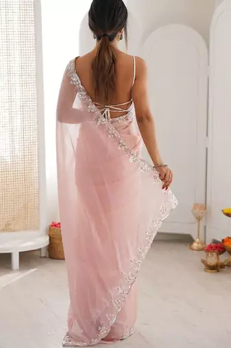 Peach embellished sequinned  chiffon saree