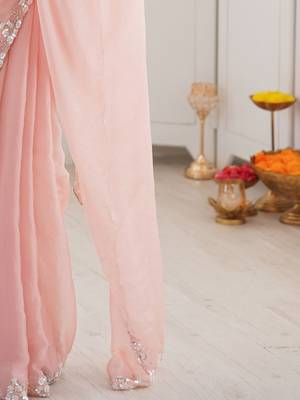 Peach embellished sequinned  chiffon saree 4