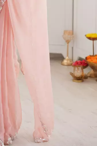 Peach embellished sequinned  chiffon saree