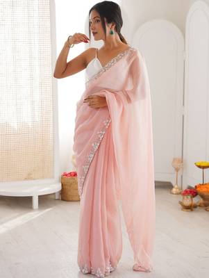 Peach embellished sequinned  chiffon saree 5