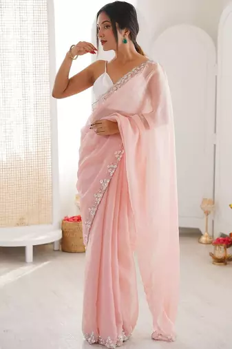 Peach embellished sequinned  chiffon saree