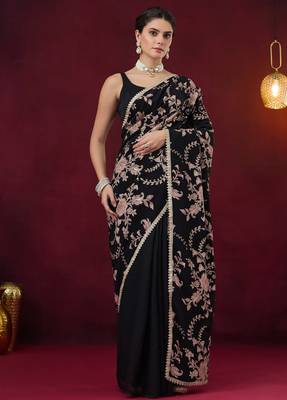 Black floral aari work georgette half and half ready to wear saree 1