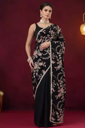 Black floral aari work georgette half and half ready to wear saree