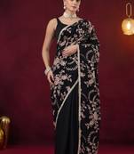 Black floral aari work georgette half and half ready to wear saree