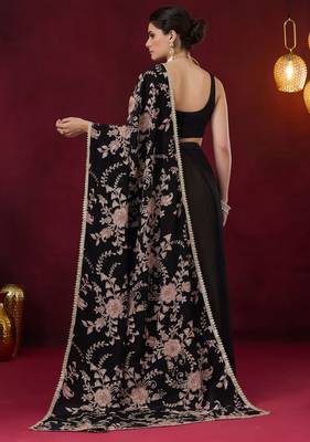 Black floral aari work georgette half and half ready to wear saree 2