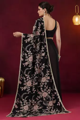 Black floral aari work georgette half and half ready to wear saree