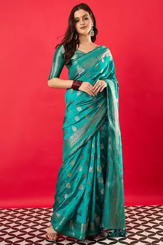Blue woven design zari banarasi saree