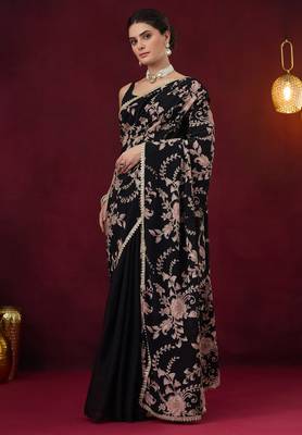 Black floral aari work georgette half and half ready to wear saree 3