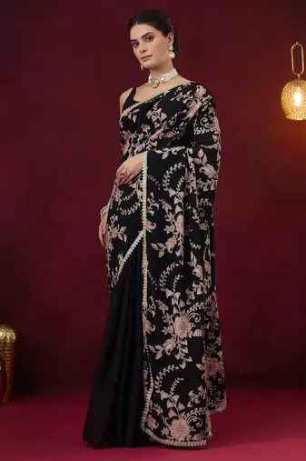 Black floral aari work georgette half and half ready to wear saree