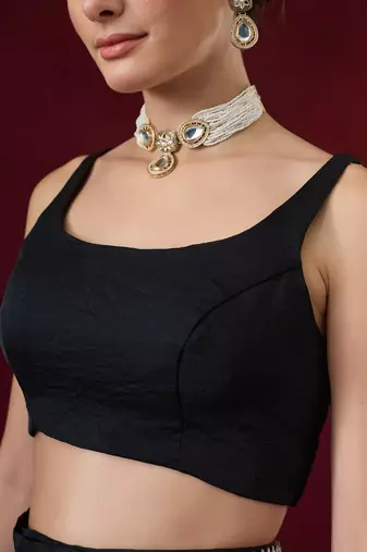 Black floral aari work georgette half and half ready to wear saree