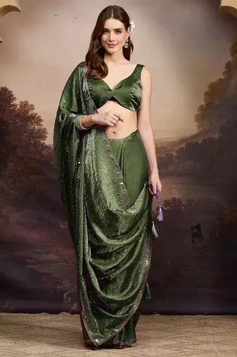 Mehndi green sequinned embellished satin ready to wear saree