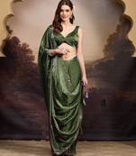Mehndi green sequinned embellished satin ready to wear saree