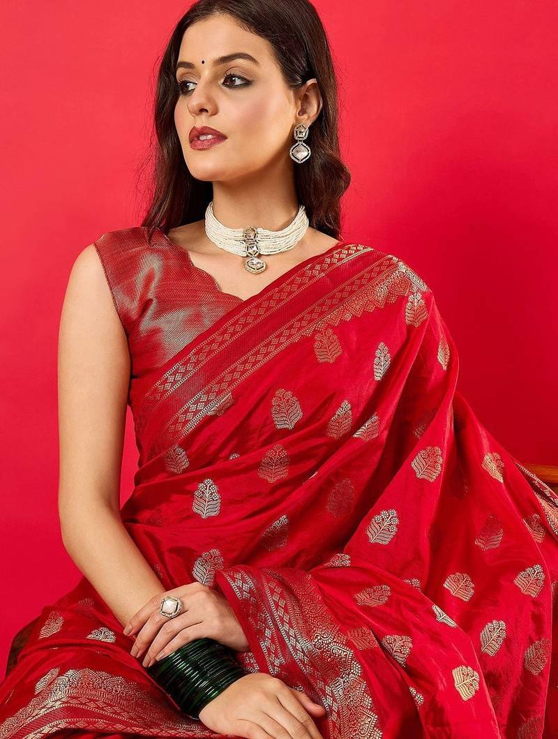 Red woven design zari banarasi saree