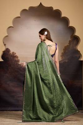 Mehndi green sequinned embellished satin ready to wear saree 2