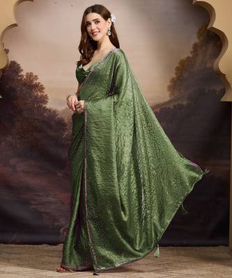 Mehndi green sequinned embellished satin ready to wear saree 3