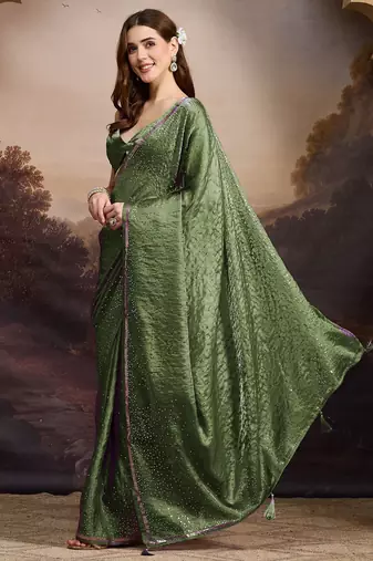 Mehndi green sequinned embellished satin ready to wear saree