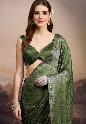 Mehndi green sequinned embellished satin ready to wear saree 4