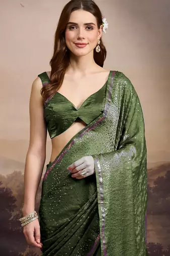 Mehndi green sequinned embellished satin ready to wear saree