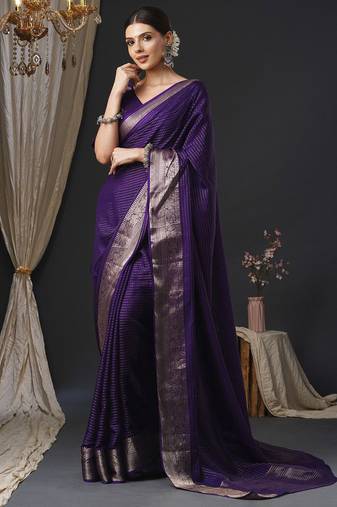 Purple ethnic motifs zari silk blend banarasi saree