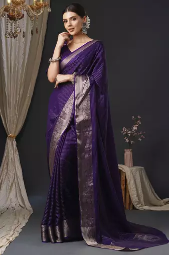Purple ethnic motifs zari silk blend banarasi saree