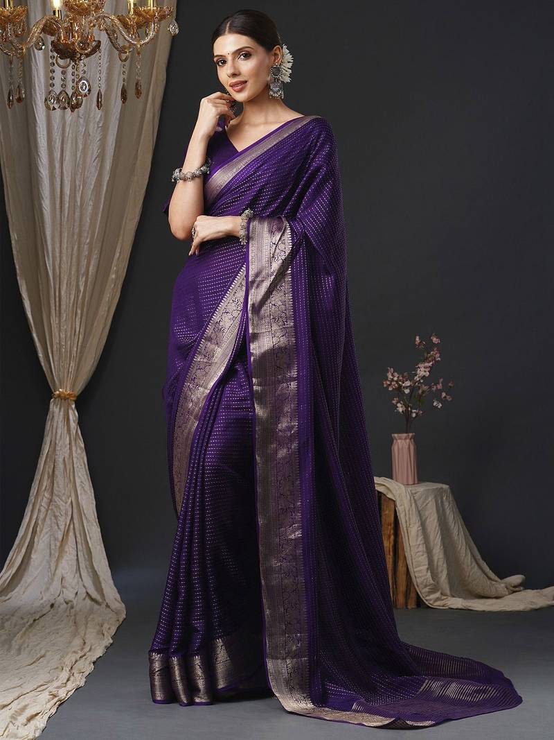 Purple ethnic motifs zari silk blend banarasi saree