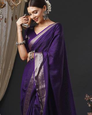 Purple ethnic motifs zari silk blend banarasi saree 4